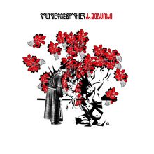 Text: "SIOUXSIE AND THE BANSHEES" und "DOWN SIDE UP." Illustration mit roten Blumen und Figuren in Schwarz-Weiß.