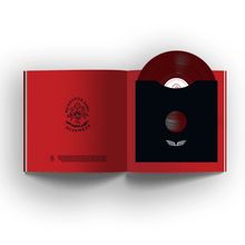 „Mumford & Sons Rushmere“ über Blume, Schallplatte in rotem Buchumschlag, stilvoll und schlicht.