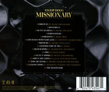 Albumtitel: "Snoop Dogg - Missionary". Liedtitel: "Foreplay", "Shiangrinla", "Outta Da Blue", usw. Hintergrund: glänzend schwarz.