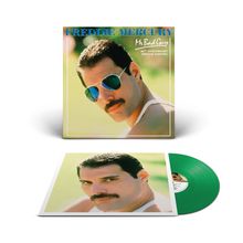 Text: "FREDDIE MERCURY Mr Bad Guy 40th ANNIVERSARY SPECIAL EDITION". Eine Schallplatte in Grün mit Coverbild eines Mannes mit Sonnenbrille.