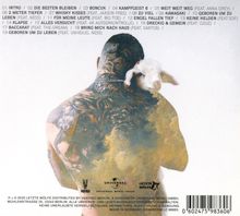 Liste von 19 Titeln, darunter "DIE BESTEN BLEIBEN" und "GEBOREN UM ZU LEBEN". Ein tätowierter Rücken mit einem Lamm.