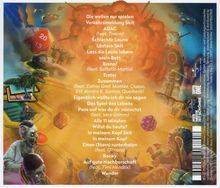 Trackliste von Musikstücken in verspielter, fantastischer Illustrationsumgebung mit Dinosauriern und Würfeln.