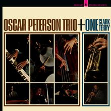 Text: "Oscar Peterson Trio + One Clark Terry", "Mercury Stereo SR 60975". Fotos von Musikern beim Spielen von Instrumenten.