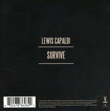 Schwarzer Hintergrund mit weißem Text: "LEWIS CAPALDI" über "SURVIVE". Unten sind Barcode und ein kleines Logo.
