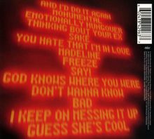 Leuchtende, verschwommene gelbliche Schrift auf rotem Hintergrund mit Titeln wie "AND I'D DO IT AGAIN" und "GUESS SHE'S COOL".