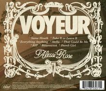 Text: "VOYEUR", Trackliste: "Same Mouth", "Take It or Leave It", "Everything Anything", "Stella", "That Could Be Me". Dekoratives Design.