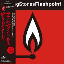 Oben "Rolling Stones Flashpoint", links rote japanische Schriftzeichen, mittig ein stilisiertes Streichholz vor rotem Hintergrund.