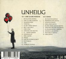 Das Wort "UNHEILIG" und Songlisten für zwei CDs. Links ein Mann mit Luftballons in Herzform, Kreuz und Maske.