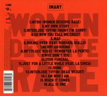 Vorderseite eines Albums mit orangefarbenem Hintergrund. Oben steht "IMANY", darunter 16 Liedtitel wie "INTRO" und "MY OWN STORY".