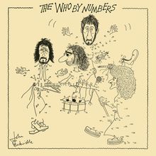 "The Who By Numbers" in verspielter Schrift oben. Karikatur einer Band, Zeichnung mit Nummern und Instrumenten.