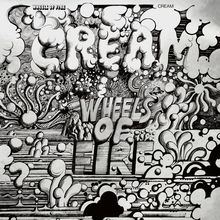 "CREAM", "WHEELS OF FIRE" in einer surrealen Illustration mit Wolken, Linien und wirbelnden organischen Formen.