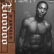 „D’Angelo Voodoo“ mit schwarzem Mann ohne Hemd; Halskette, vintage Stil, Rechter Rand künstlerisch gestaltet.