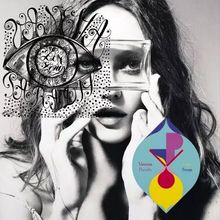 Text: „Vanessa Paradis“, „Love Songs“. Illustration einer Frau mit Glas vorm Auge, Typografie in Form eines Auges.