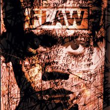 "FLAW" in großen Buchstaben, darunter schwarze Kritzeleien über dem Gesicht einer Person, das intensiv schaut.