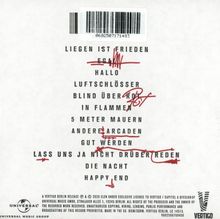 Trackliste mit Titeln: LIEGEN IST FRIEDEN, EGAL, HALLO, LUFTSCHLÖSSER... HAPPY END. Einige Titel sind rot durchgestrichen.