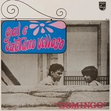 Text "gal e caetano veloso" in rosa auf blauem Schild, darunter schwarz-weißes Foto von zwei Personen.