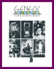 Der Text lautet: "Genesis - The Lamb Lies Down on Broadway". Es ist ein Cover mit neun schwarz-weißen Fotografien.