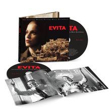 "Evita", zwei CD-Hüllen, eine Frau im Porträt, Menschenmenge mit Schildern, Schwarz-Weiß-Broschüre mit Fotos.
