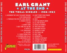 "EARL GRANT AT THE END: THE VOCAL SINGLES 1956-1962" in weißem und blauem Text auf rotem Hintergrund. Links ein gelbes JASMINE-Logo.