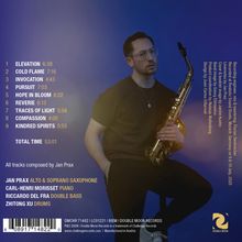 Texte: Titelliste mit Zeiten, alle Stücke von Jan Prax, Musiker und Instrumente aufgelistet. Rechts ein Mann mit Saxophon vor blauem Hintergrund.