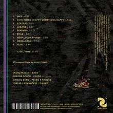 Trackliste mit Titeln und Zeiten, Name der Komponistin, Musiker-Infos, Produktionsdetails, dunkler Hintergrund mit kleinen Farbklecksen. Links unten ein Logo.