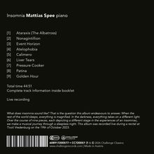 Albumtitel: Insomnia von Mattias Spee. Liste von 9 Tracks, Gesamtzeit 44:51, live aufgenommen. Beschreibung des Albums.