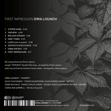 Titel "First Impression" von Dima Loginov, mit acht Musikstücken wie "Steppe Sons" und "Yapurai". Schwarze floral gemusterte Illustration.