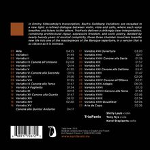 Texte: "In Dmitry Sitkovetsky’s transcription, Bach’s Goldberg Variations..."  
Titel zu Variationen mit Nummern und Zeiten.  
TrioFenix, Musiker: Shirly Laub, Tony Nys, Karel Steylaerts.  
Website: www.eprclassic.eu