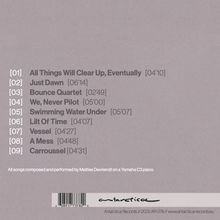 Trackliste mit Titeln und Zeiten, darunter "All Things Will Clear Up, Eventually" [04'10]. Klavierstücke von Mattias Devriendt.