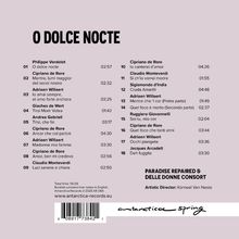 "O DOLCE NOCTE" steht oben. Eine Trackliste mit Komponisten, Titeln, Zeiten und totaler Laufzeit 56:08 ist angegeben.