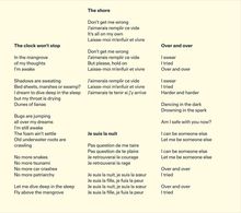 Die Texte lauten: "The clock won't stop", "The shore", "Je suis la nuit", "Over and over". Es sind poetische Liedtexte.