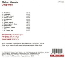 Albumtitel: "Unspoken" von Mahan Mirarab. Trackliste mit Titeln und Zeiten. Musiker: Kian Soltani, Lars Danielsson, Golnar Shahyar.