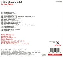 Titel: "vision string quartet in the fields". Liste von 14 Musikstücken und Instrumentalisten: Florian Willeitner, Daniel Stoll, Leonard Disselhorst, Sander Stuart. Co-Produktion mit BR Klassik. Links oben und rechts unten befinden sich Logos.
