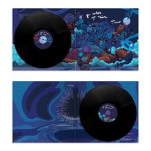 Text: "the colors of rain" und "yiname". Zwei Schallplatten auf einem bunten, verträumten Hintergrund mit blauen Blumen.