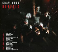 Albumcover von Krav Boca "Heretic", darunter Trackliste, sechs maskierte Personen in dunkler Umgebung.
