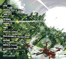 Tracks listed: "Intro," "Drapeau Noir (ft. Loran)," "Siamo Tutti," etc. Illustration of grüner Gebäudekomplex mit Drohnen.