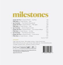 "milestones" in goldener Schrift. Musikstücke von Josquin des Prez, Miles Davis, Igor Stravinsky. Spieldauer insgesamt 1:10:07.