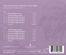 Titel: "FRANZ JOSEPH HAYDN (1732-1809) KEYBOARD WORKS, VOL. 2". Zwei CD-Tracklisten mit Titeln und Zeiten. Purpurfarbener Hintergrund.