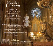 Text links oben: "Nordic Journey VOLUME XIX A NORDIC ORGAN BOOK BY FREDRIK SIXTEN JAMES D. HICKS". 

Text rechts unten: "THE 1871 Åkerman organ Uppsala Cathedral · Sweden".

In einer Kirche mit prachtvoller Orgel und buntem Fenster.