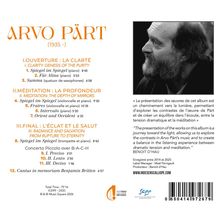 ARVO PÄRT (1935 -). Drei Teile mit Titeln und Zeiten. Zitat über Musik. Schwarz-weiß Foto eines Mannes. Website unten.