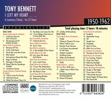 "TONY BENNETT I LEFT MY HEART... 1950-1962. Zwei CDs mit 27 Liedern, Spielzeit: 2 Stunden 18 Minuten. Enthält Orchesterbeiträge."
