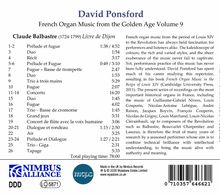 David Ponsford, French Organ Music from the Golden Age Volume 9. Claude Balbastre (1724-1799) Livre de Dijon.