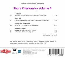 "Shura Cherkassky Volume 4" Titelverzeichnis: Werke von Bach, Liszt, Beethoven, Chopin. Gesamtspielzeit: 76:41. Nimbus Records-Logo.