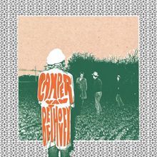 "Camper Van Beethoven" steht in großen Buchstaben. Eine Gruppe von Menschen steht auf einem Feld. Retro-Stil.