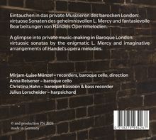 Texte beschreiben barockes Musizieren in London mit Sonaten von L. Mercy. Künstlernamen und Instrumente werden gelistet. Im Hintergrund ist eine Ziegelwand.