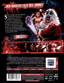 **Texte:** "Der böseste Film des Jahres", "UNCUT!", Beschreibung über Halloween-Massaker.  
**Illustrationen:** Bedrohlicher Clown in Weihnachtsmannkleidung mit Kettensäge, schockierte Frau.