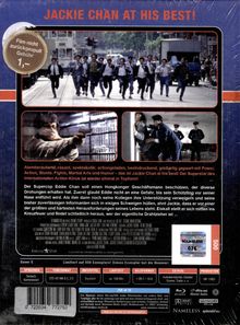 "JACKIE CHAN AT HIS BEST! Film nicht zurückgespult Gebühr 1,-; Atemberaubend, rasant, actiongeladen." Drei Filmsequenzen zeigen spannende Szenen.