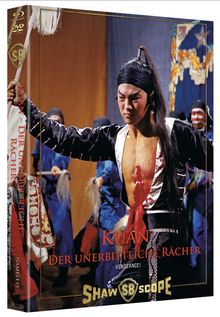 Text: "Kuan - Der unerbittliche Rächer", "Vengeance!", "Shaw Scope".  
Cover eines Films mit kämpferischem Mann in traditioneller Kleidung.