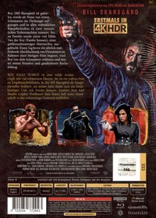 Texte: "Von den Produzenten von Evil Dead und Barbarian", "Bill Skarsgård", "Erstmals in 4K HDR", "Boy Kills World". Illustration: Mann mit Pistole. Drei Fotos unten.