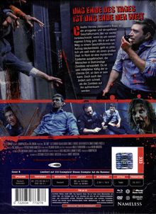 "Das Ende des Tages ist das Ende der Welt". Verschiedene Szenen aus einem Zombie-Film mit blutverschmierten, angsterfüllten Personen.